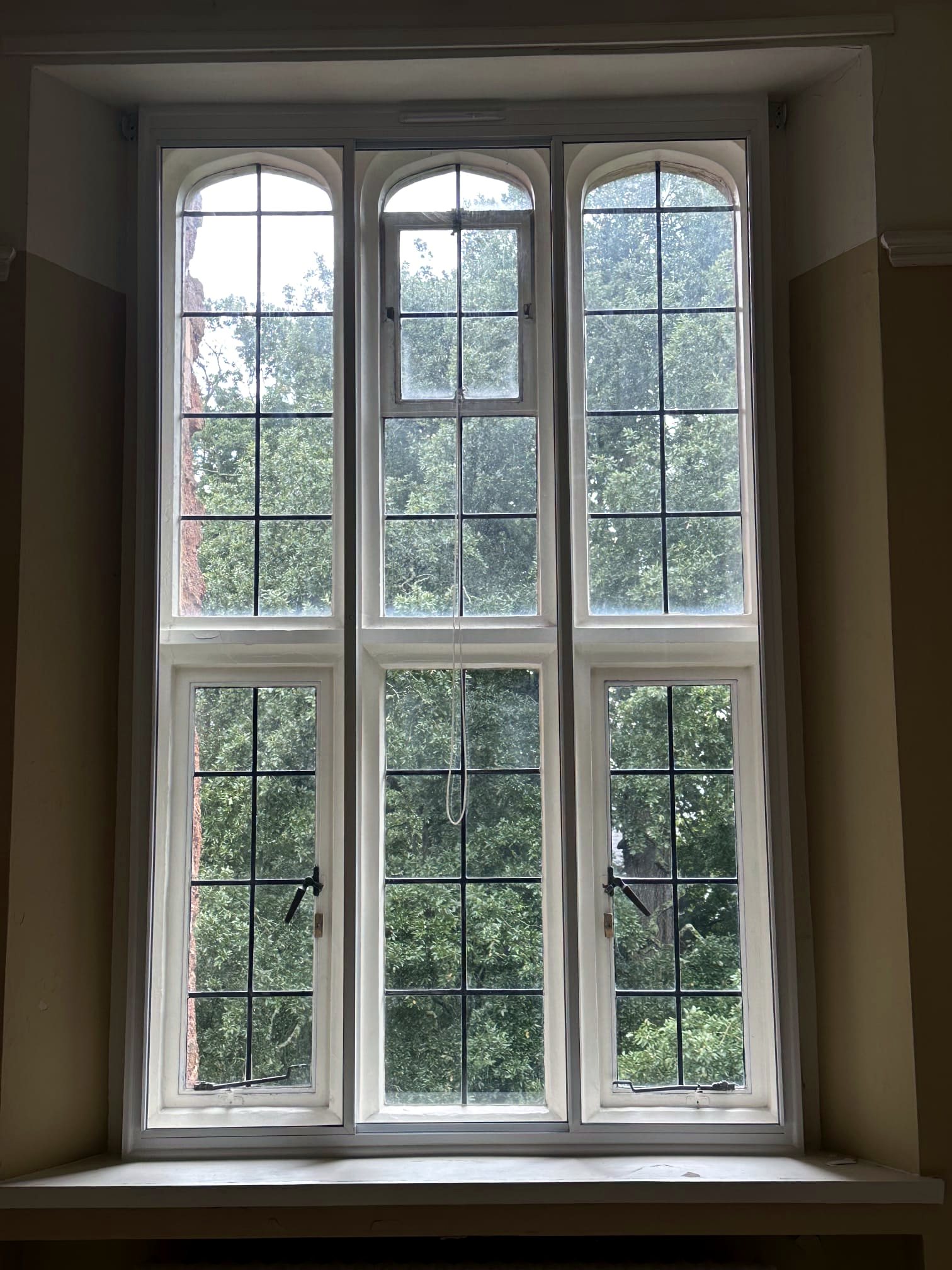 Tall leaded secondary glazing unit with garden aspect