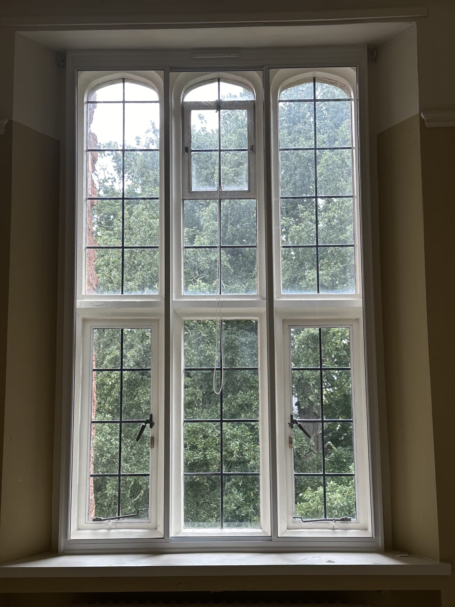 Double arched slimline secondary glazing on period cottage window — white frame, garden views